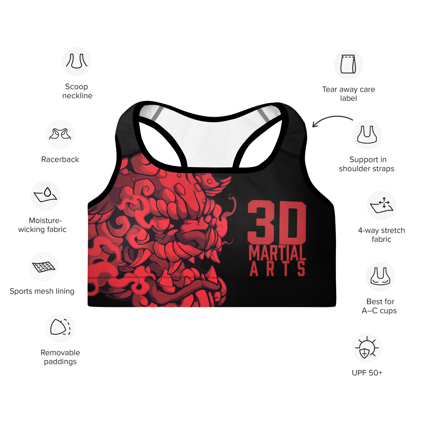 Team 3D Martial Arts Sports Bra, women's athletic wear, supportive sports bra, martial arts training gear, female athletes, comfortable sports bra, stylish workout clothes, high-performance sports bra, team 3D logo, fitness apparel for women, durable sports bra, gym essentials, training with confidence.