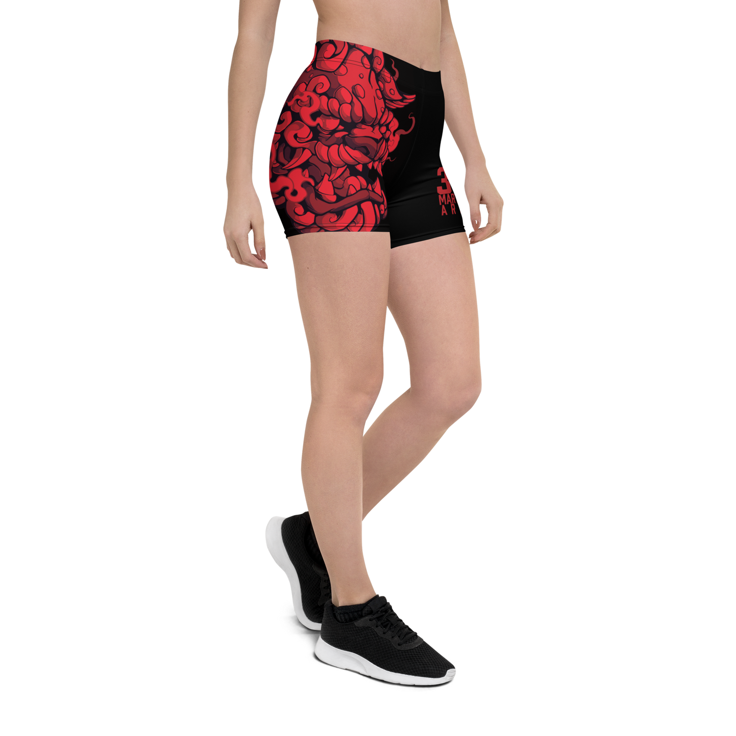 women's active wear, sports shorts, Team 3D MMA, Fu Dog design, MMA shorts, training apparel, workout shorts, athletic wear, gym essentials, martial arts gear, fitness clothing, high-performance shorts, durable sportswear, flexible shorts, comfortable active wear