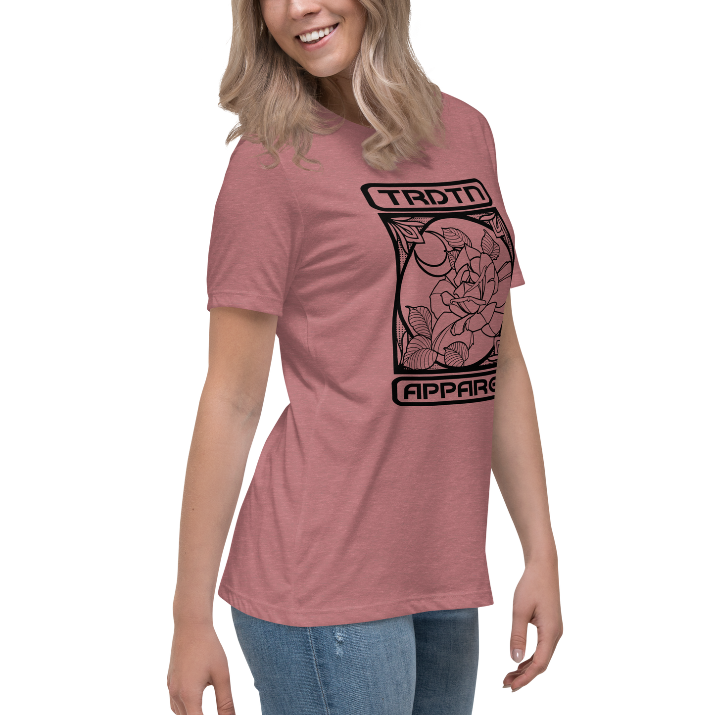 women's relaxed t-shirt, Tradition Apparel, rose tarot design, casual women's tee, graphic t-shirt, trendy women's t-shirt, stylish relaxed tee, comfortable women's top, fashion t-shirt, rose tarot print, casual wear, women's graphic tee, boho style t-shirt, unique tarot design, casual chic, women's streetwear, floral print tee, everyday fashion, tarot card art, relaxed fit t-shirt, women's casual fashion, Tradition Apparel tee, artistic design t-shirt, laid-back style, rose and tarot graphic