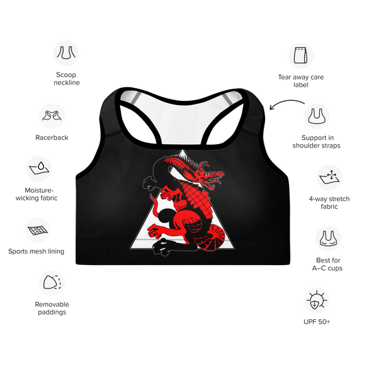 Team 3D Martial Arts Sports Bra, women's athletic wear, supportive sports bra, martial arts training gear, female athletes, comfortable sports bra, stylish workout clothes, high-performance sports bra, team 3D logo, fitness apparel for women, durable sports bra, gym essentials, training with confidence.