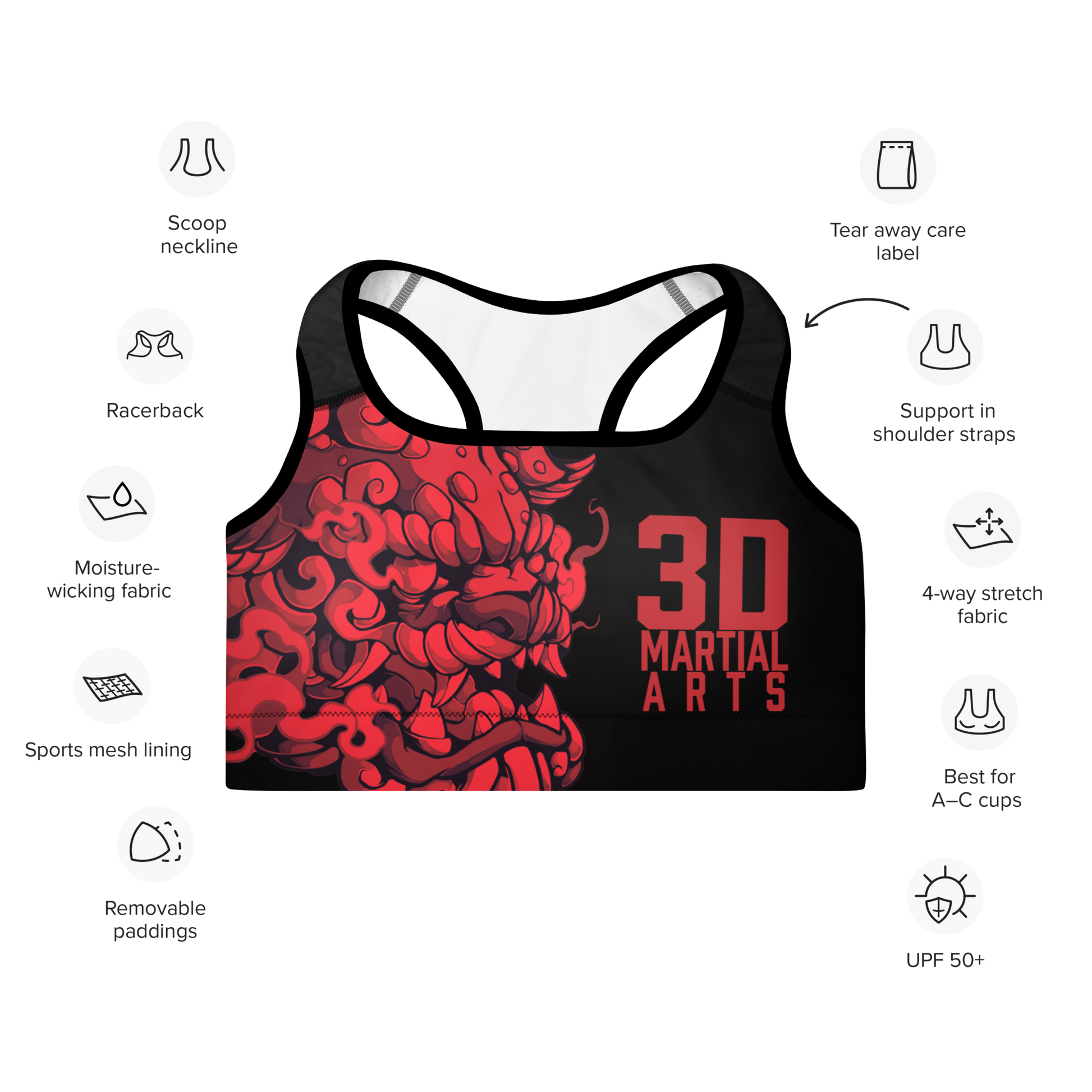 Team 3D Martial Arts Sports Bra, women's athletic wear, supportive sports bra, martial arts training gear, female athletes, comfortable sports bra, stylish workout clothes, high-performance sports bra, team 3D logo, fitness apparel for women, durable sports bra, gym essentials, training with confidence.
