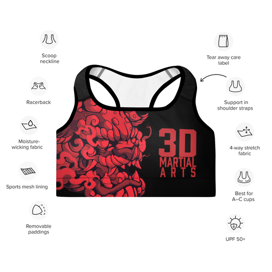 Team 3D Martial Arts Sports Bra, women's athletic wear, supportive sports bra, martial arts training gear, female athletes, comfortable sports bra, stylish workout clothes, high-performance sports bra, team 3D logo, fitness apparel for women, durable sports bra, gym essentials, training with confidence.