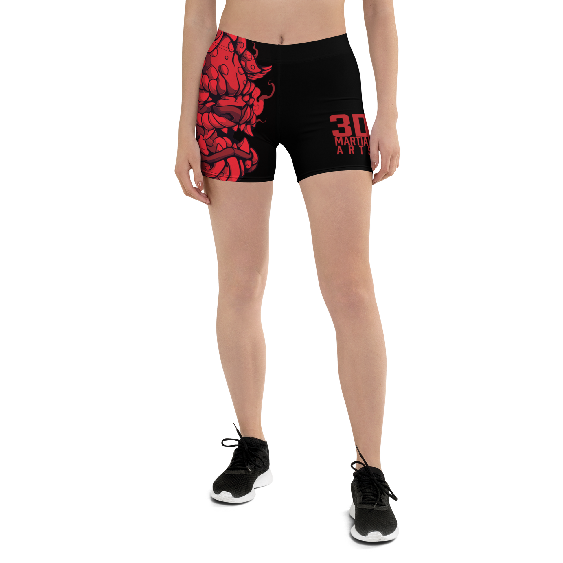 women's active wear, sports shorts, Team 3D MMA, Fu Dog design, MMA shorts, training apparel, workout shorts, athletic wear, gym essentials, martial arts gear, fitness clothing, high-performance shorts, durable sportswear, flexible shorts, comfortable active wear