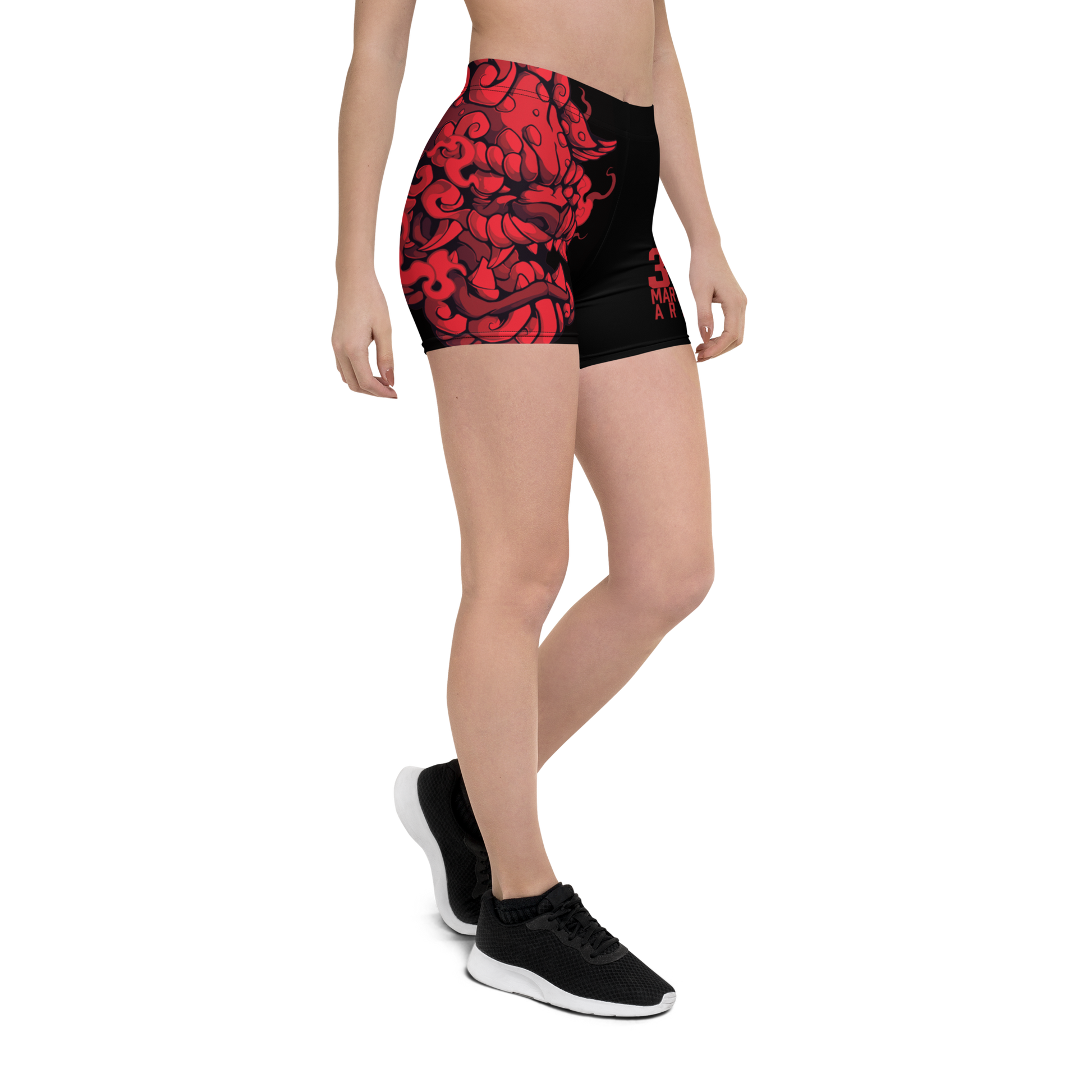 women's active wear, sports shorts, Team 3D MMA, Fu Dog design, MMA shorts, training apparel, workout shorts, athletic wear, gym essentials, martial arts gear, fitness clothing, high-performance shorts, durable sportswear, flexible shorts, comfortable active wear
