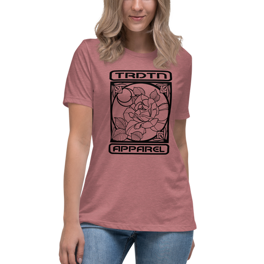 women's relaxed t-shirt, Tradition Apparel, rose tarot design, casual women's tee, graphic t-shirt, trendy women's t-shirt, stylish relaxed tee, comfortable women's top, fashion t-shirt, rose tarot print, casual wear, women's graphic tee, boho style t-shirt, unique tarot design, casual chic, women's streetwear, floral print tee, everyday fashion, tarot card art, relaxed fit t-shirt, women's casual fashion, Tradition Apparel tee, artistic design t-shirt, laid-back style, rose and tarot graphic
